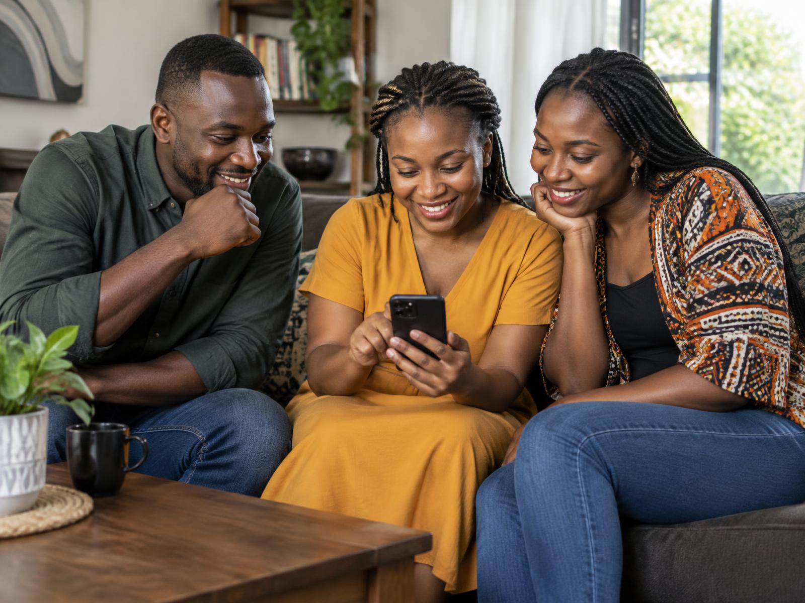 Two Kenyan women and one Kenyan man shopping together on a phone